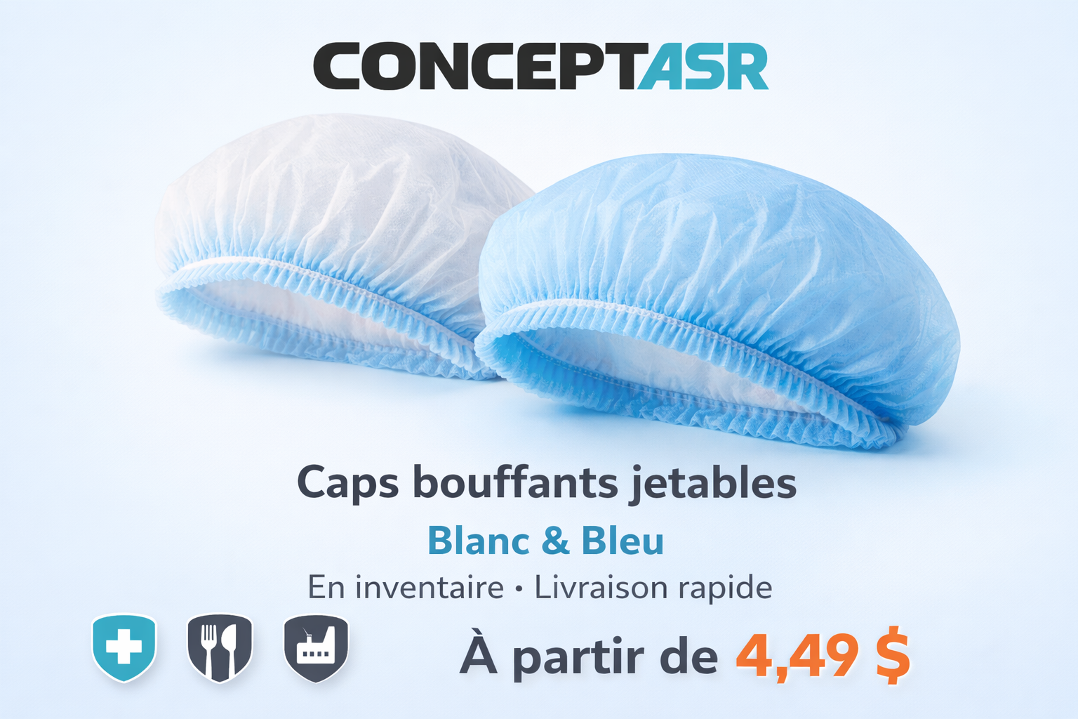 Caps bouffants jetables blanc et bleu | Fournisseur Québec | ConceptASR – Image 2