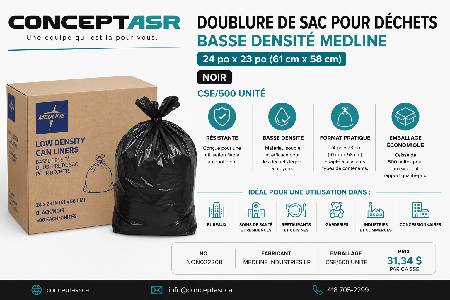 Doublure de sac pour déchets basse densité Medline 24 x 23 po