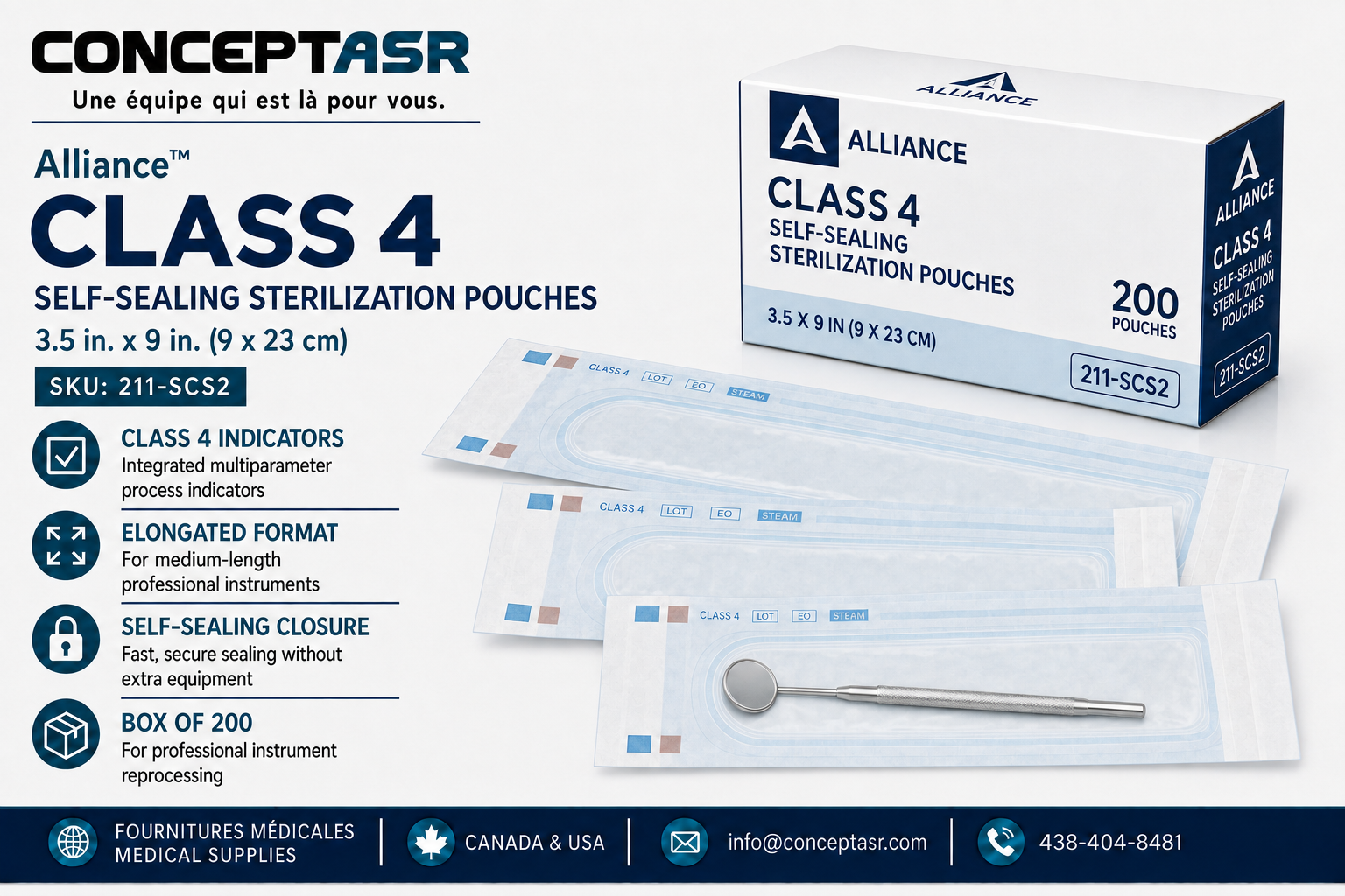 Alliance Class 4 Sterilization Pouches 3.5 x 9, box of 200, SKU 211-SCS2
