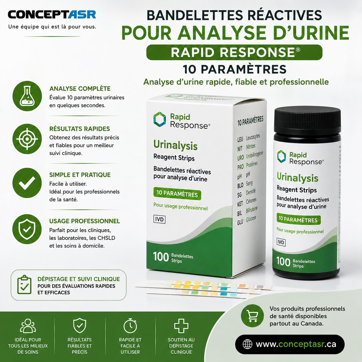 Bandelette analyse d’urine Rapid Response® 10 paramètres | Concept ASR
