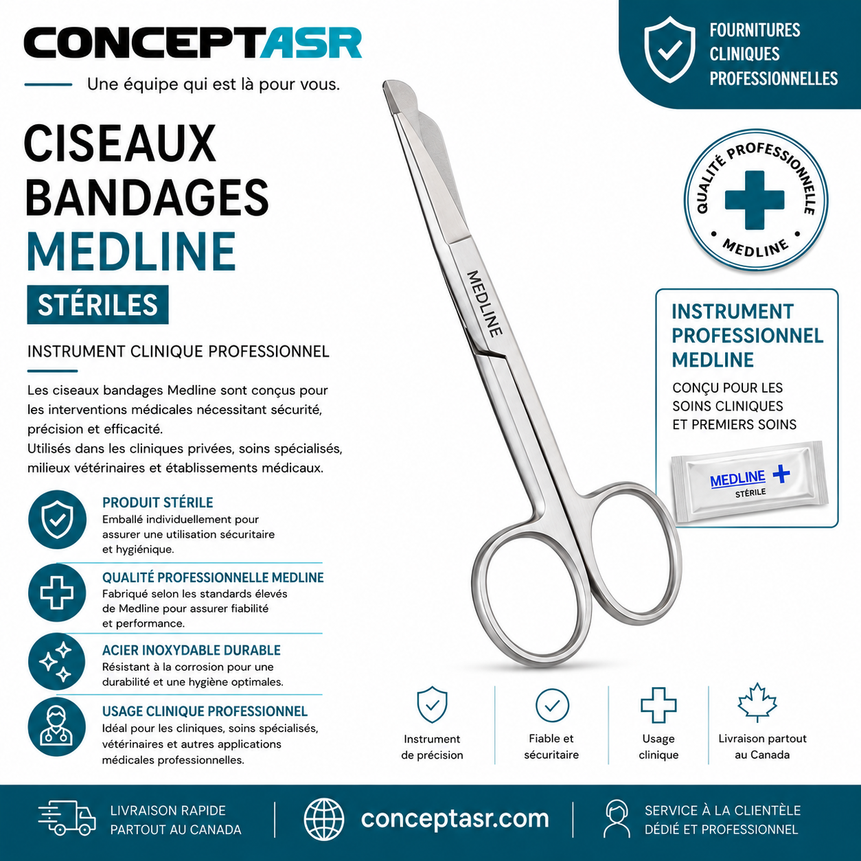 Ciseaux bandages Medline stériles | Instrument clinique professionnel