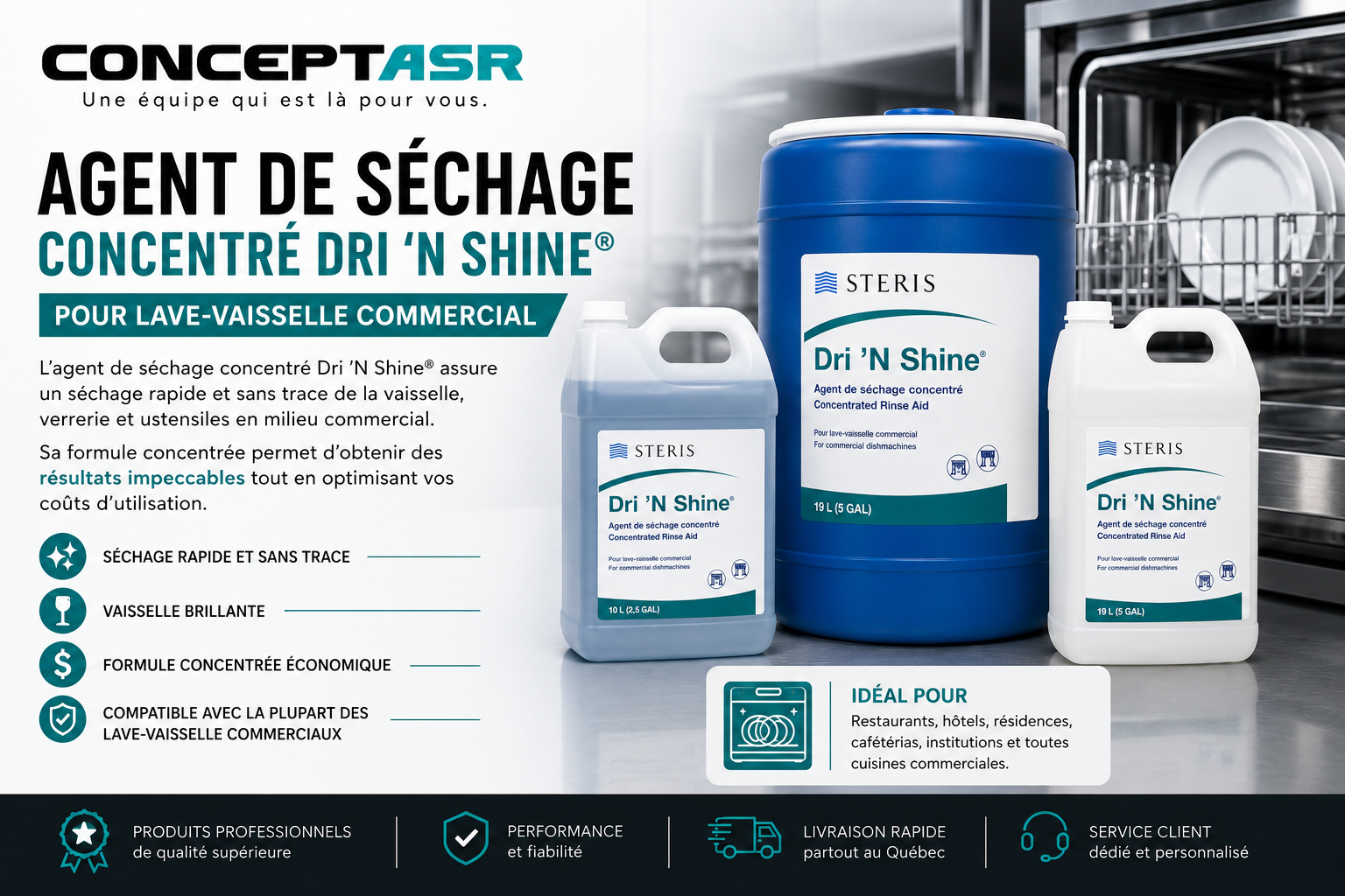 Agent de séchage commercial Dri ’N Shine pour lave-vaisselle