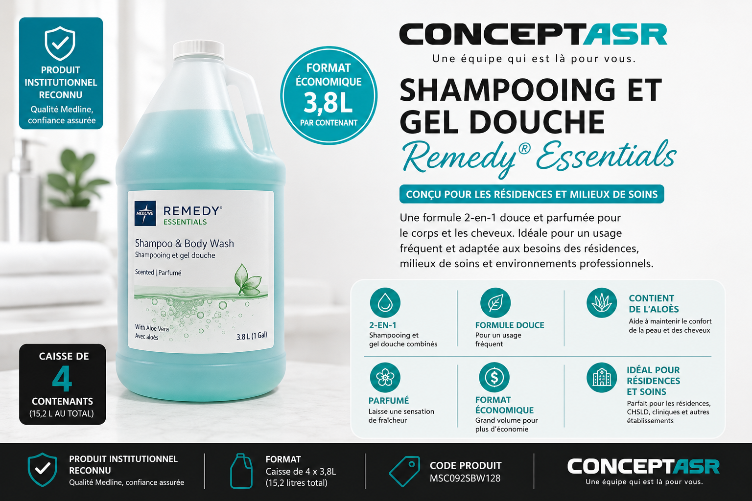 Shampooing et gel douche Medline 3,8L | Produit pour résidences et soins
