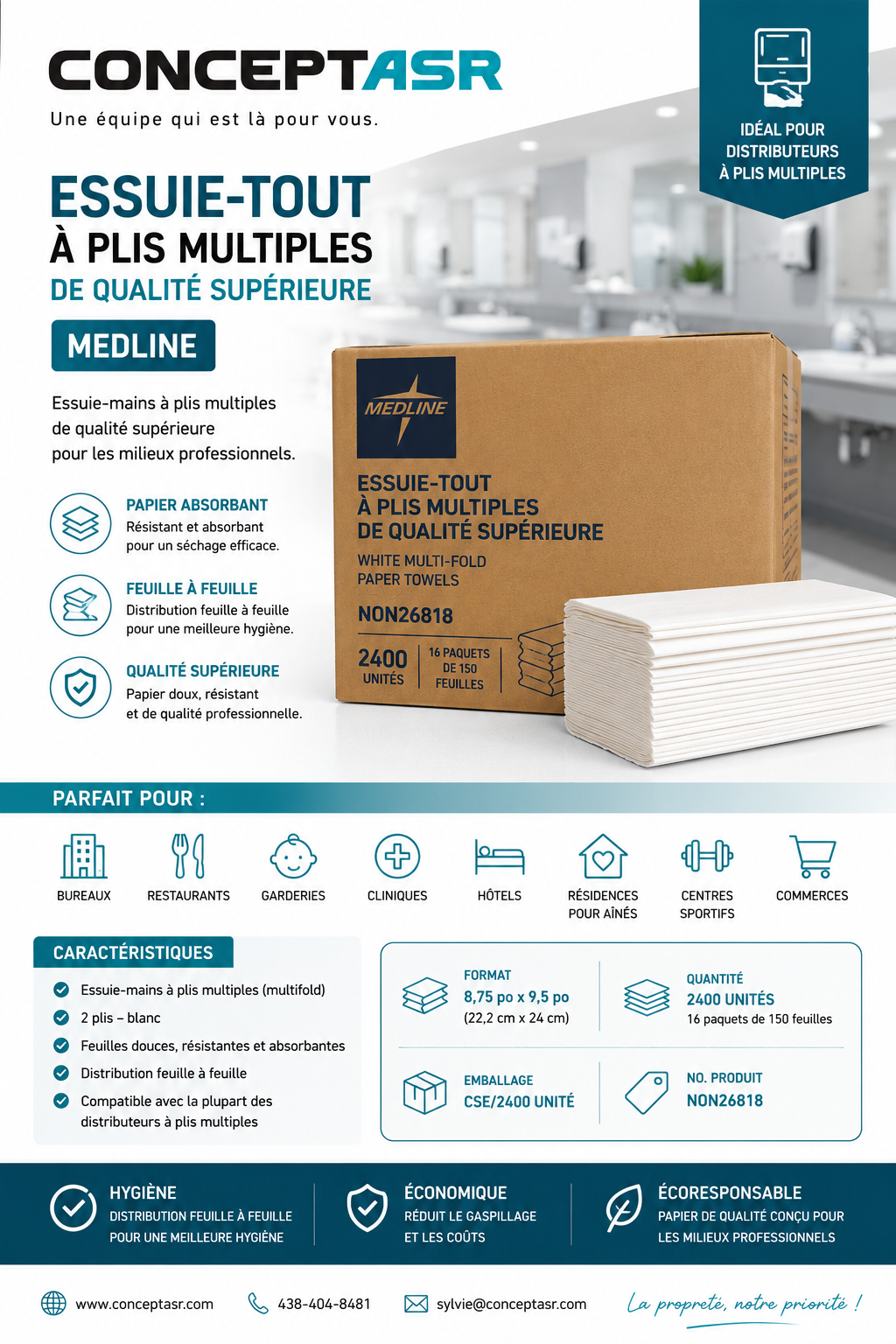 Essuie-tout à plis multiples de qualité supérieure Medline blanc