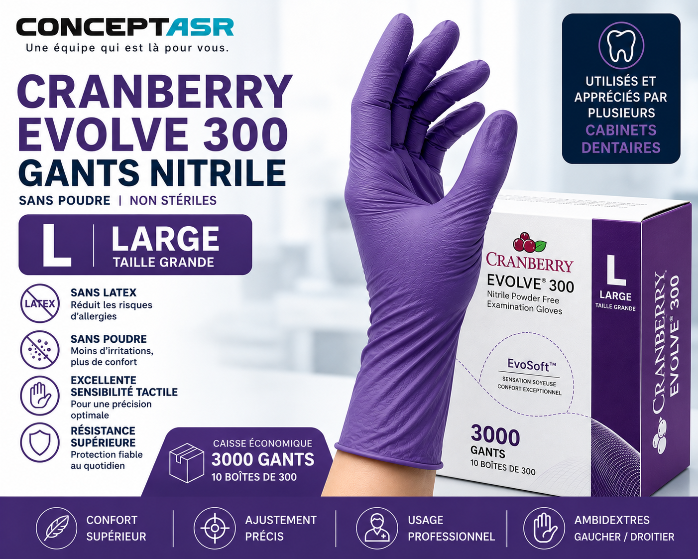 Cranberry Evolve 300 Large | Gants nitrile sans poudre | ConceptASR
