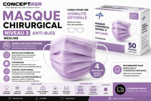 Masque chirurgical niveau 3 anti-buée lilas Medline | Concept ASR