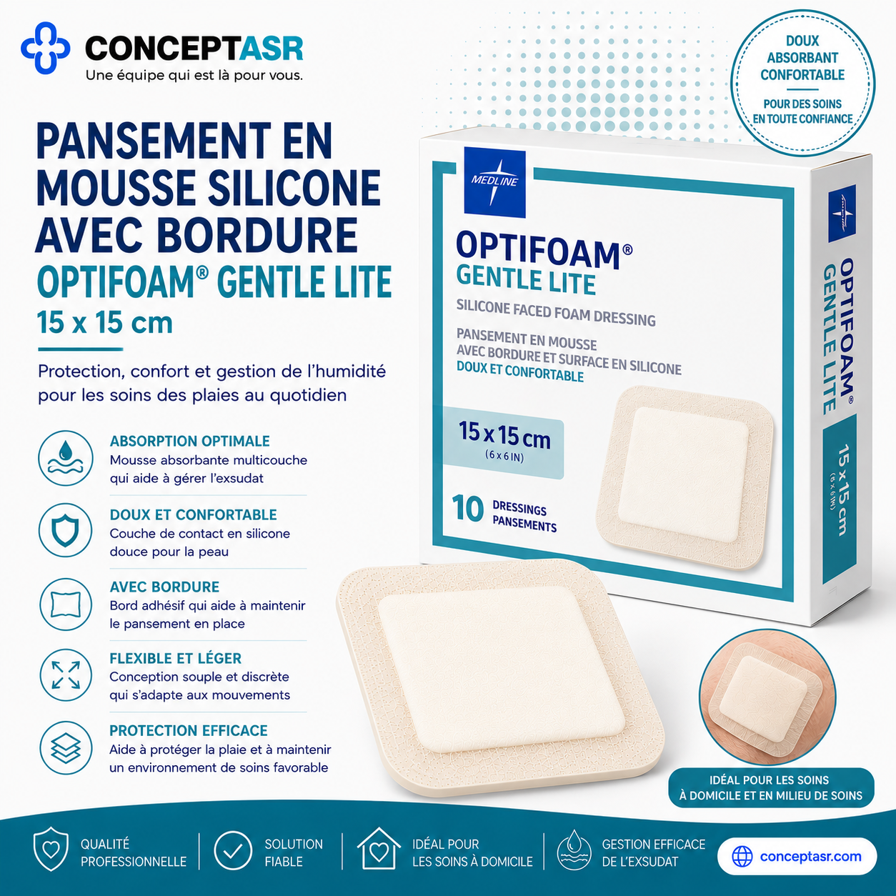 Pansement en mousse silicone avec bordure Medline Optifoam® Gentle Lite 15 x 15 cm