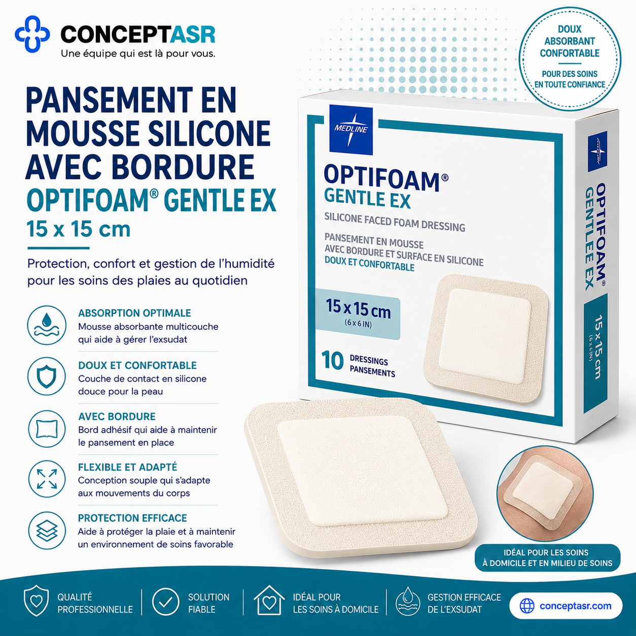 Pansement en mousse silicone avec bordure Medline Optifoam® Gentle EX 15 x 15 cm