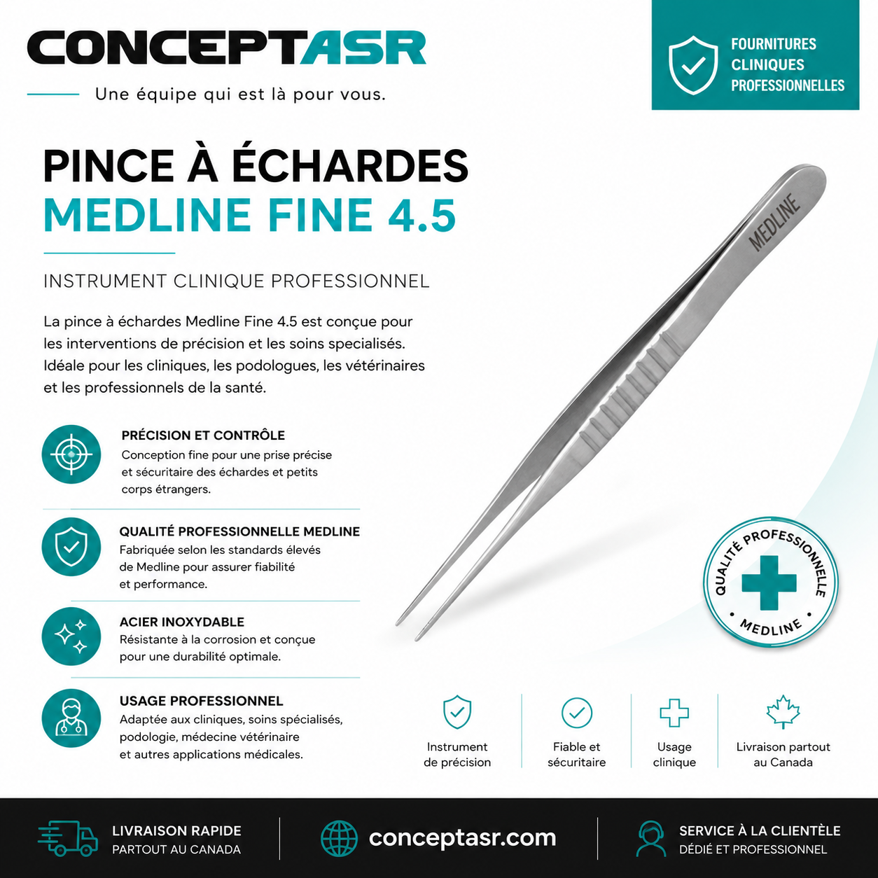 Pince à échardes Medline Fine 4.5 – Instrument clinique professionnel