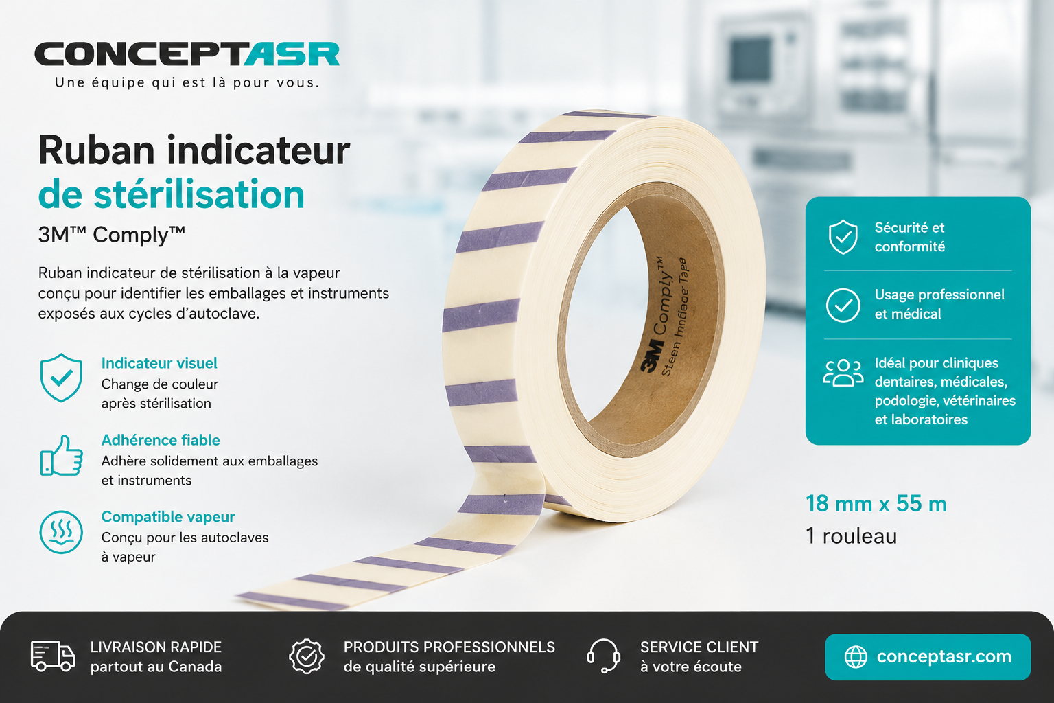 Ruban indicateur de stérilisation 3M™ Comply™ 18 mm x 55 m