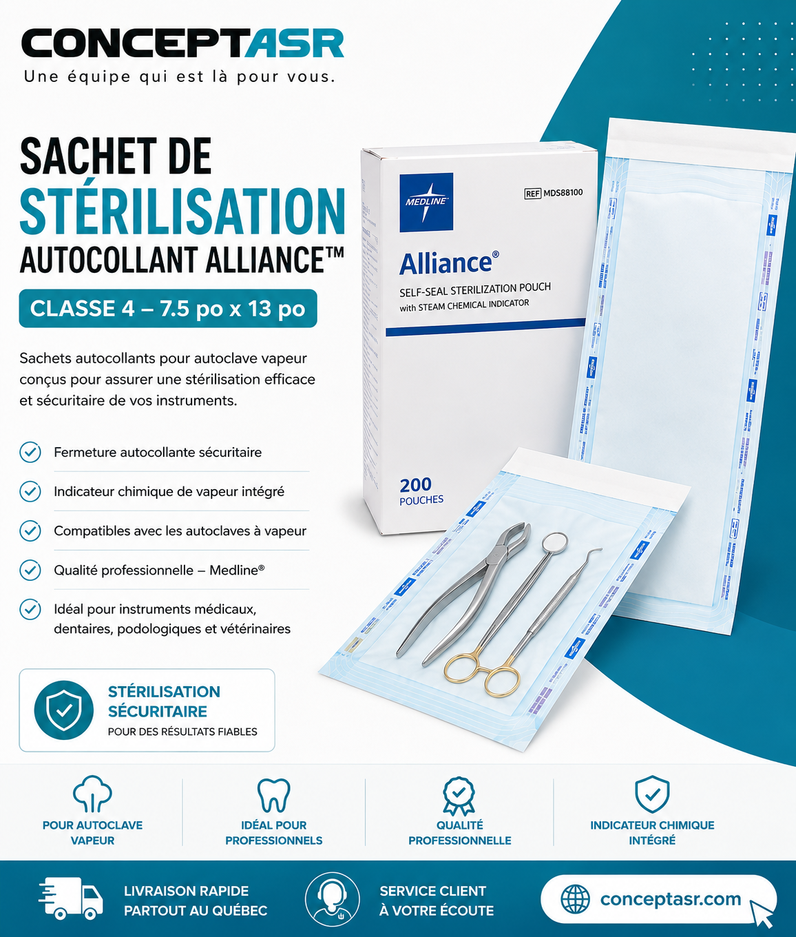 Sachet de stérilisation autocollant Alliance™ Classe 4 – 7.5 po x 13 po