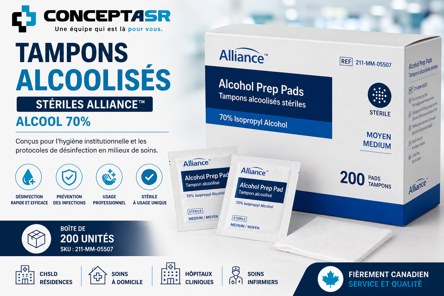 Tampons alcoolisés stériles Alliance™ 70% | Hygiène institutionnelle | Concept ASR