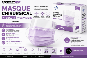 Masque chirurgical niveau 3 avec visière lilas Medline | Concept ASR