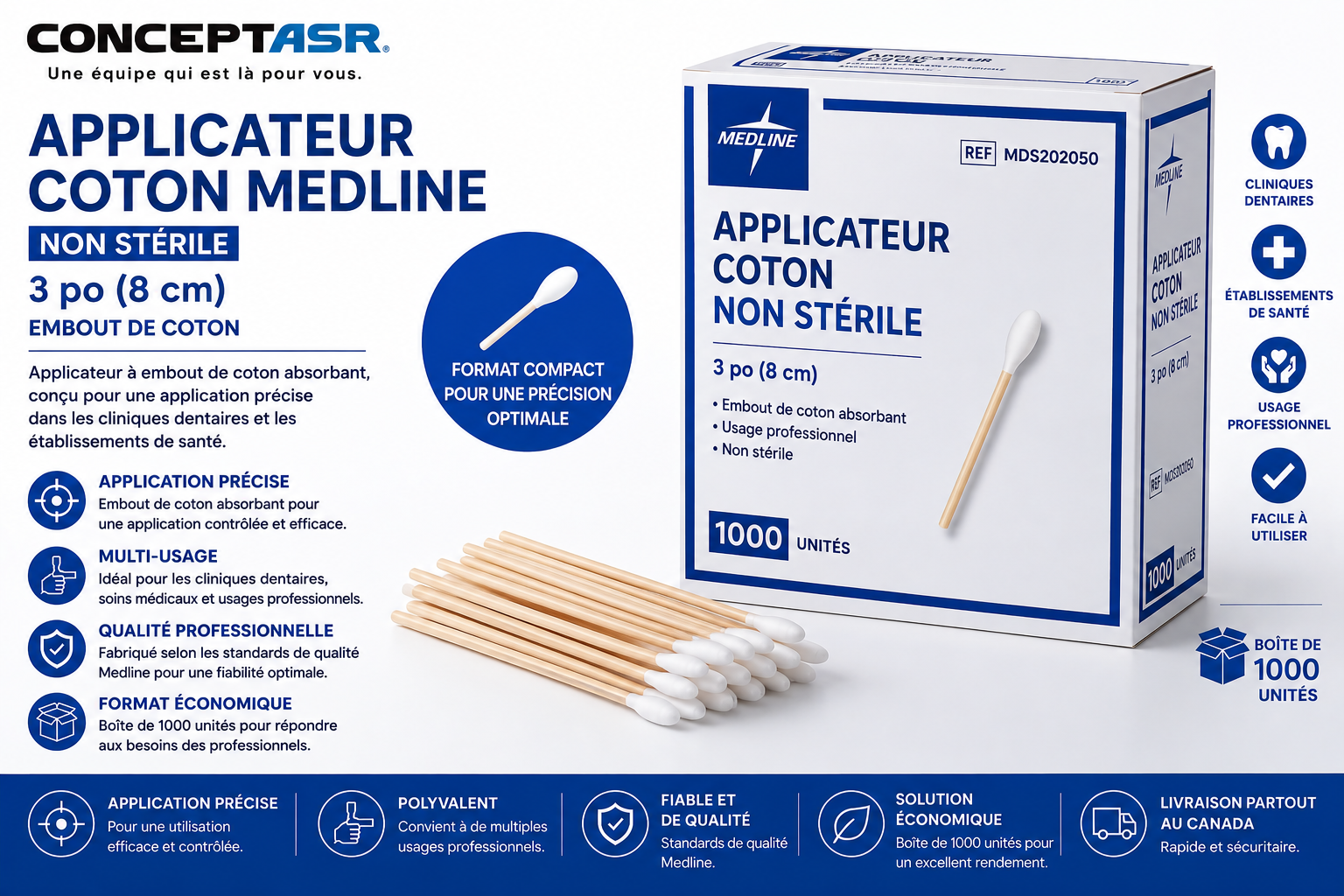 Applicateur coton Medline 3 po | Boîte de 1000 | Concept ASR