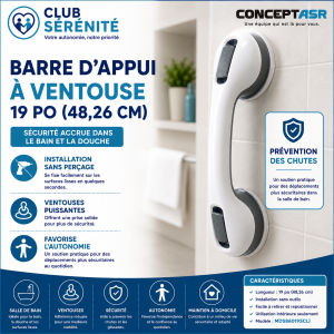 Barre d'appui à ventouse Medline 19 po | Sécurité pour le bain et la douche