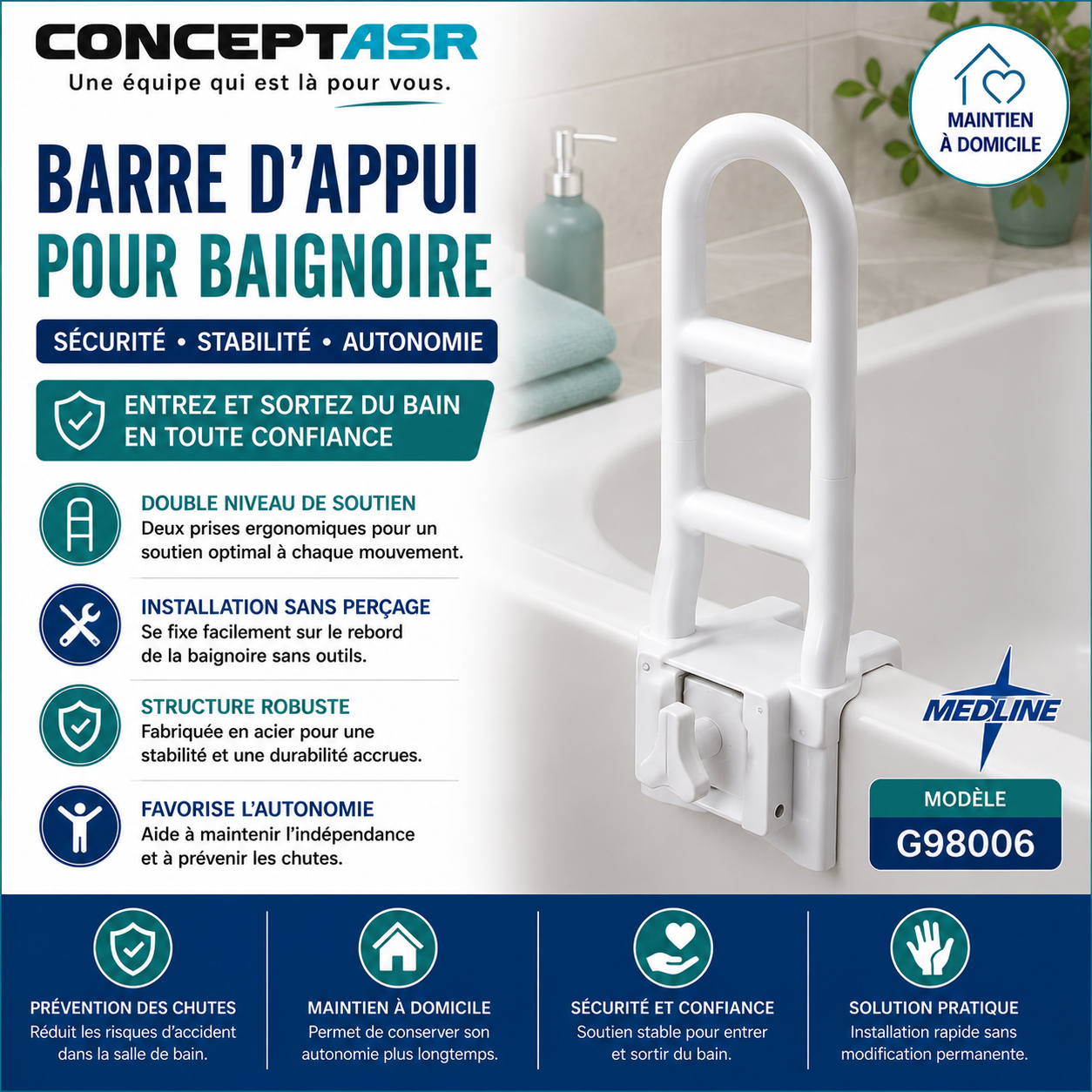 Barre d'appui pour baignoire à deux niveaux Medline | Club Sérénité