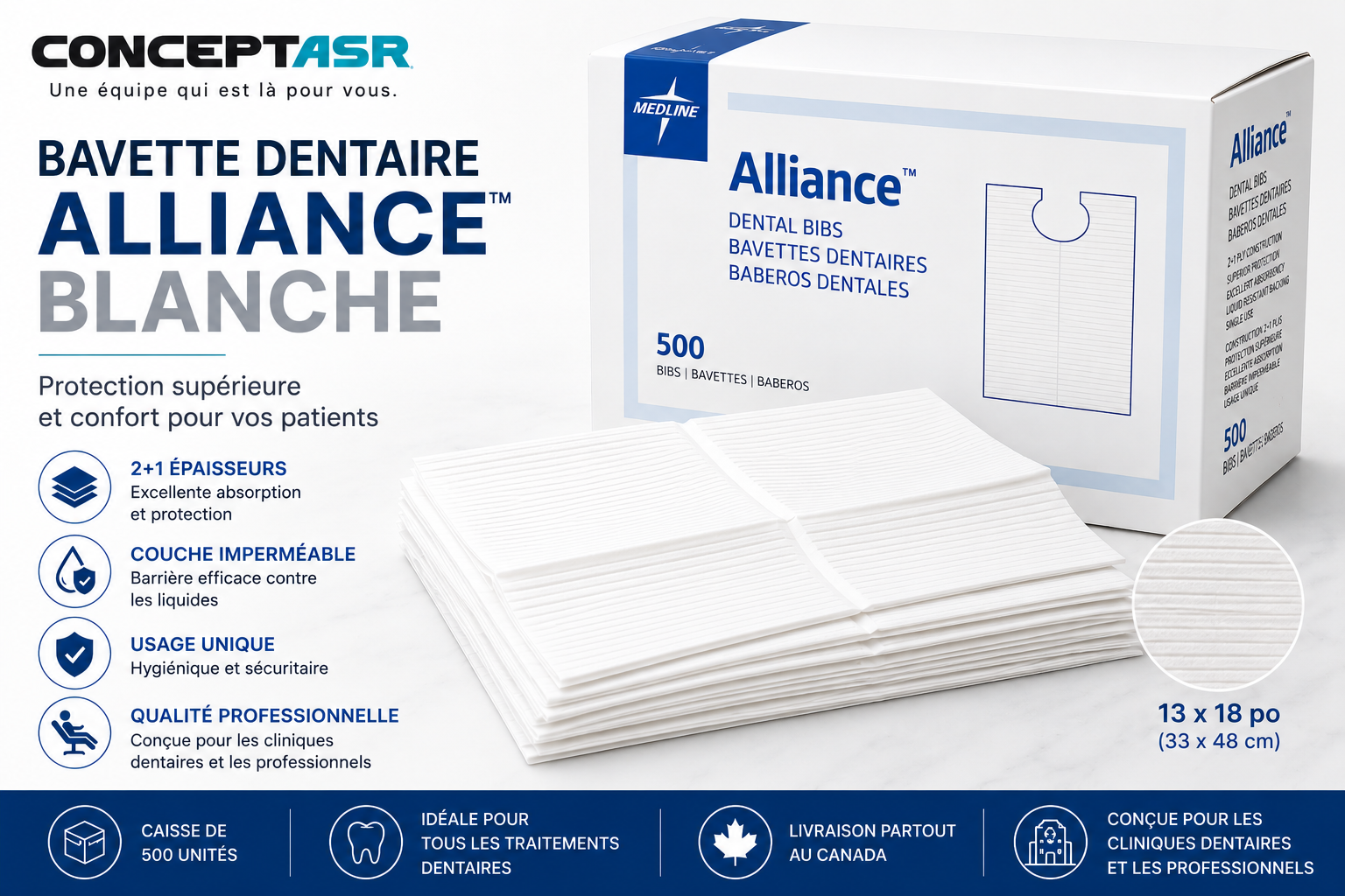 Bavette dentaire blanche Alliance™ | Caisse de 500 | Concept ASR