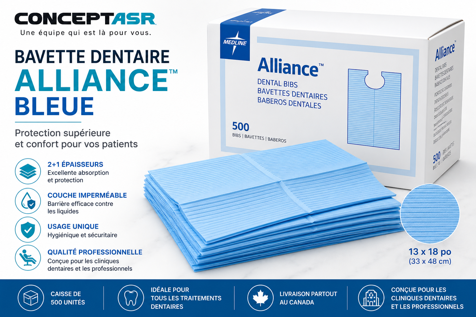 Bavette dentaire Alliance™ bleue | Caisse de 500 | Concept ASR