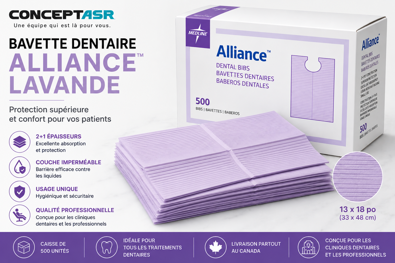 Bavette dentaire lavande Alliance™ | Caisse de 500 | Concept ASR