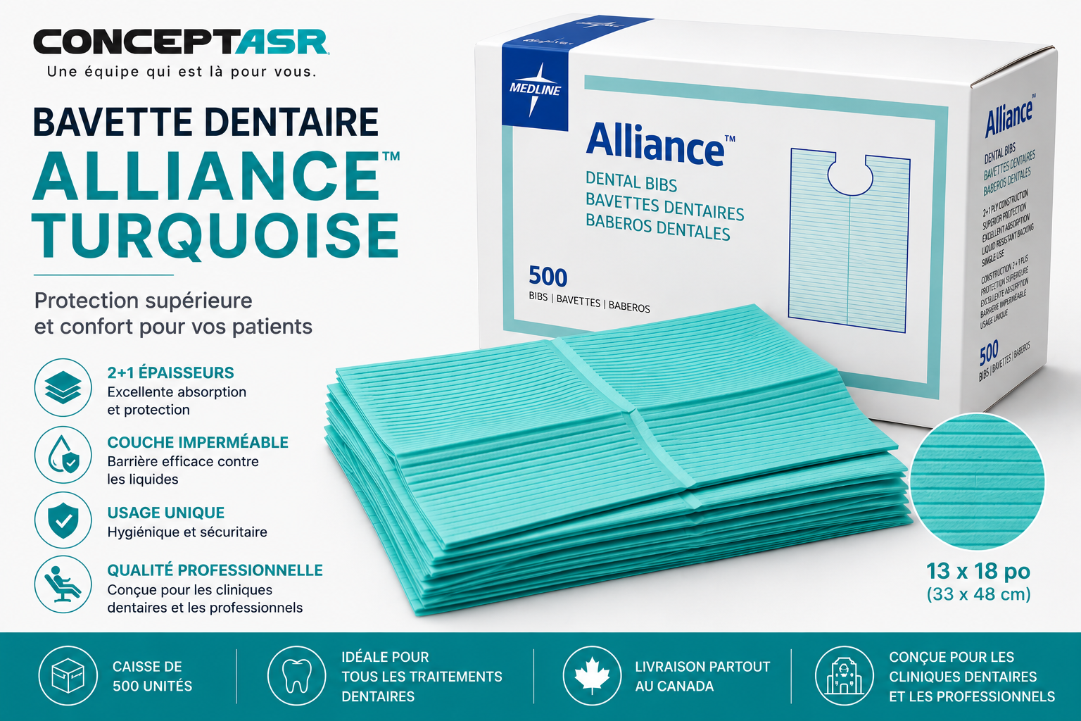 Bavette dentaire turquoise Alliance™ | Caisse de 500 | Concept ASR