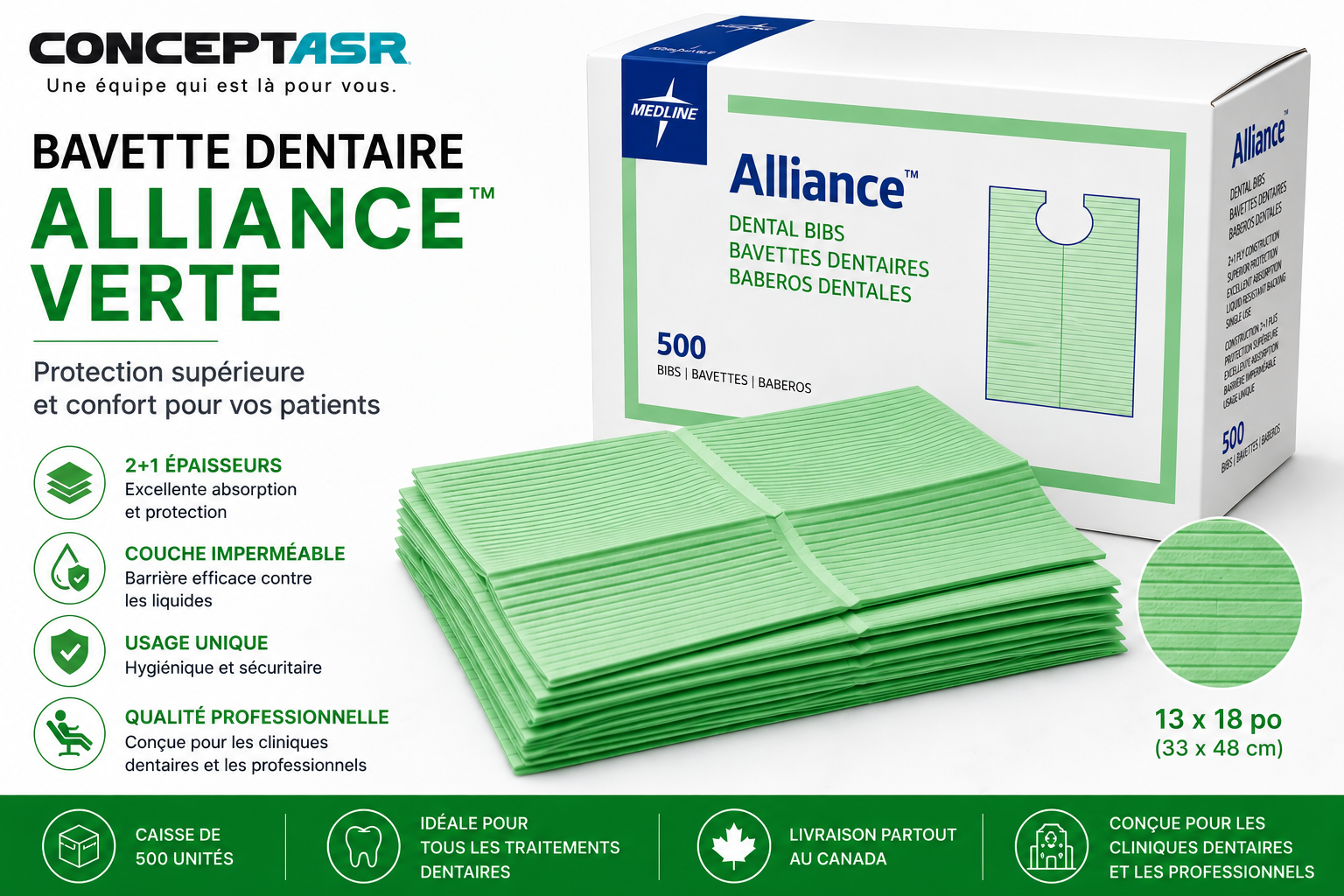 Bavette dentaire verte Alliance™ | Caisse de 500 | Concept ASR