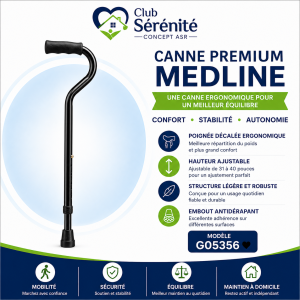 Canne à poignée décalée Medline noire ajustable | Club Sérénité