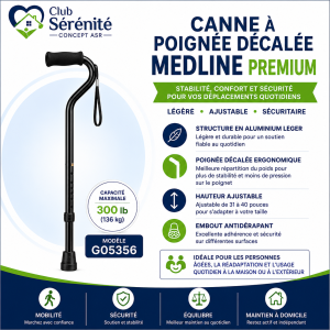 Canne à poignée décalée Medline Premium noire ajustable | Club Sérénité