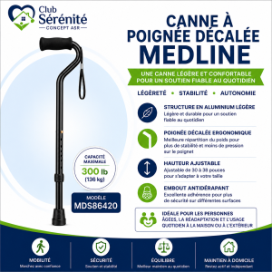 Canne à poignée décalée Medline noire ajustable | Club Sérénité