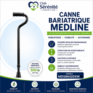 Canne bariatrique Medline noire à poignée décalée | Club Sérénité