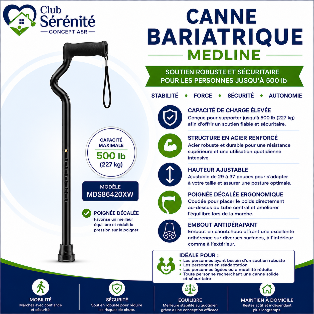 Canne bariatrique Medline à poignée décalée 500 lb | Club Sérénité