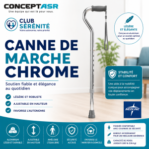 Canne de marche aluminium chrome Medline | Légère et ajustable