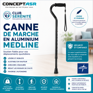 Canne de marche en aluminium noire Medline | Légère et ajustable