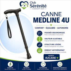 Canne de marche ergonomique Medline 4U noire | Club Sérénité