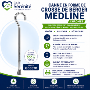 Canne en forme de crosse de berger Medline chromée | Club Sérénité