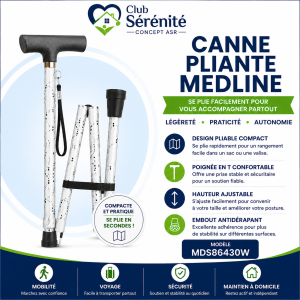 Canne pliante Medline avec poignée en T | Club Sérénité