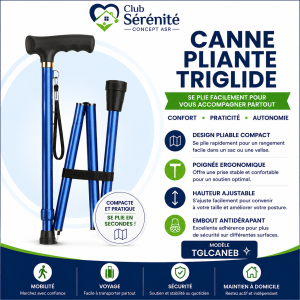 Canne pliante Medline TriGlide bleue | Club Sérénité