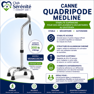 Canne quadripode Medline grande base chromée | Club Sérénité