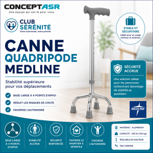 Canne quadripode Medline | Stabilité accrue et sécurité