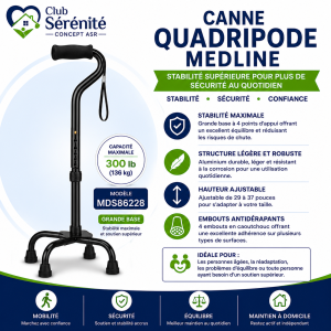 Canne quadripode Medline grande base noire | Club Sérénité