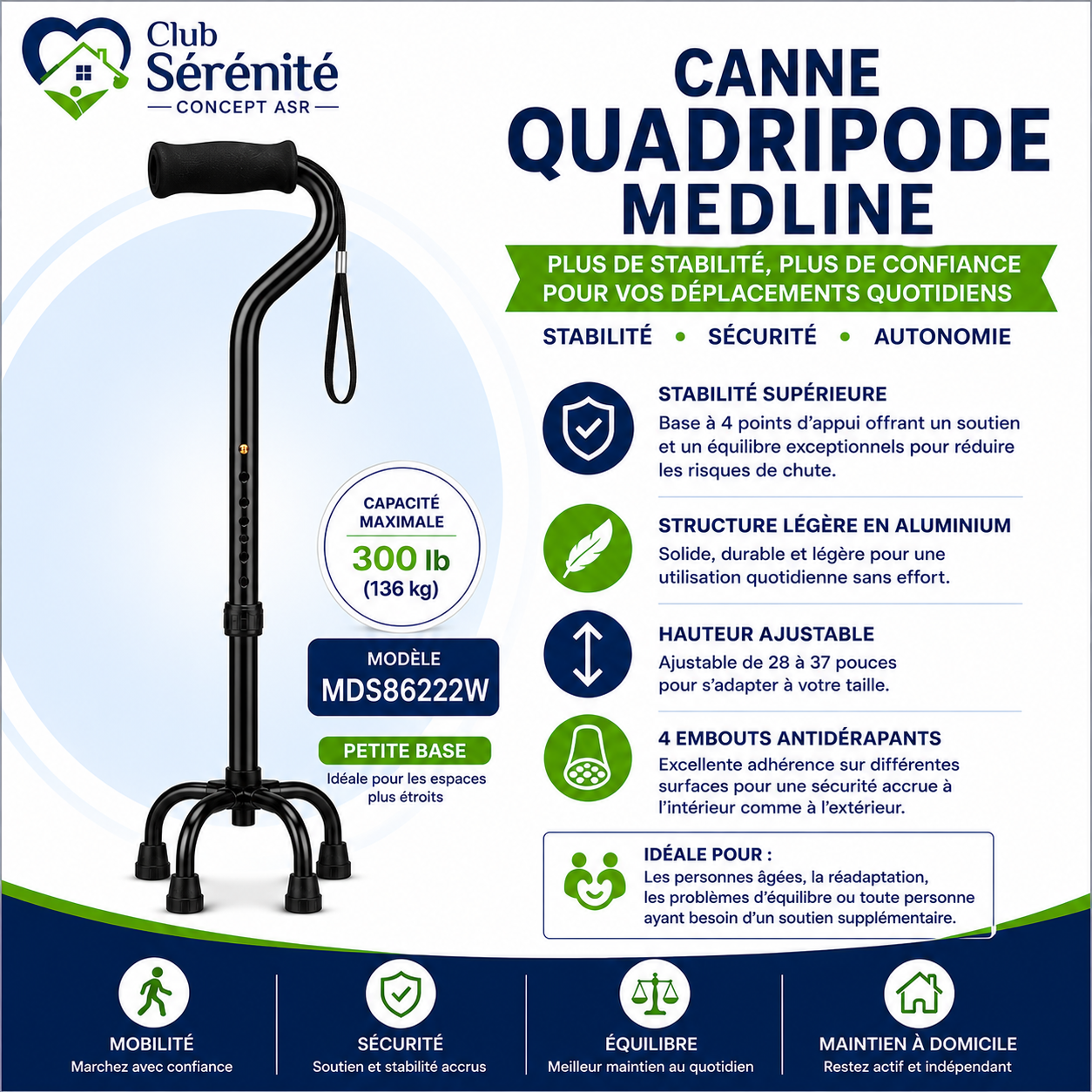 Canne quadripode Medline petite base noire | Club Sérénité