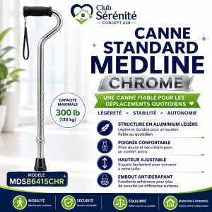 Canne standard en aluminium Medline chrome | Club Sérénité