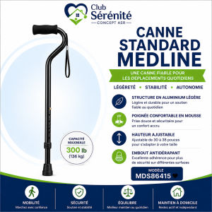 Canne standard en aluminium Medline noire | Club Sérénité