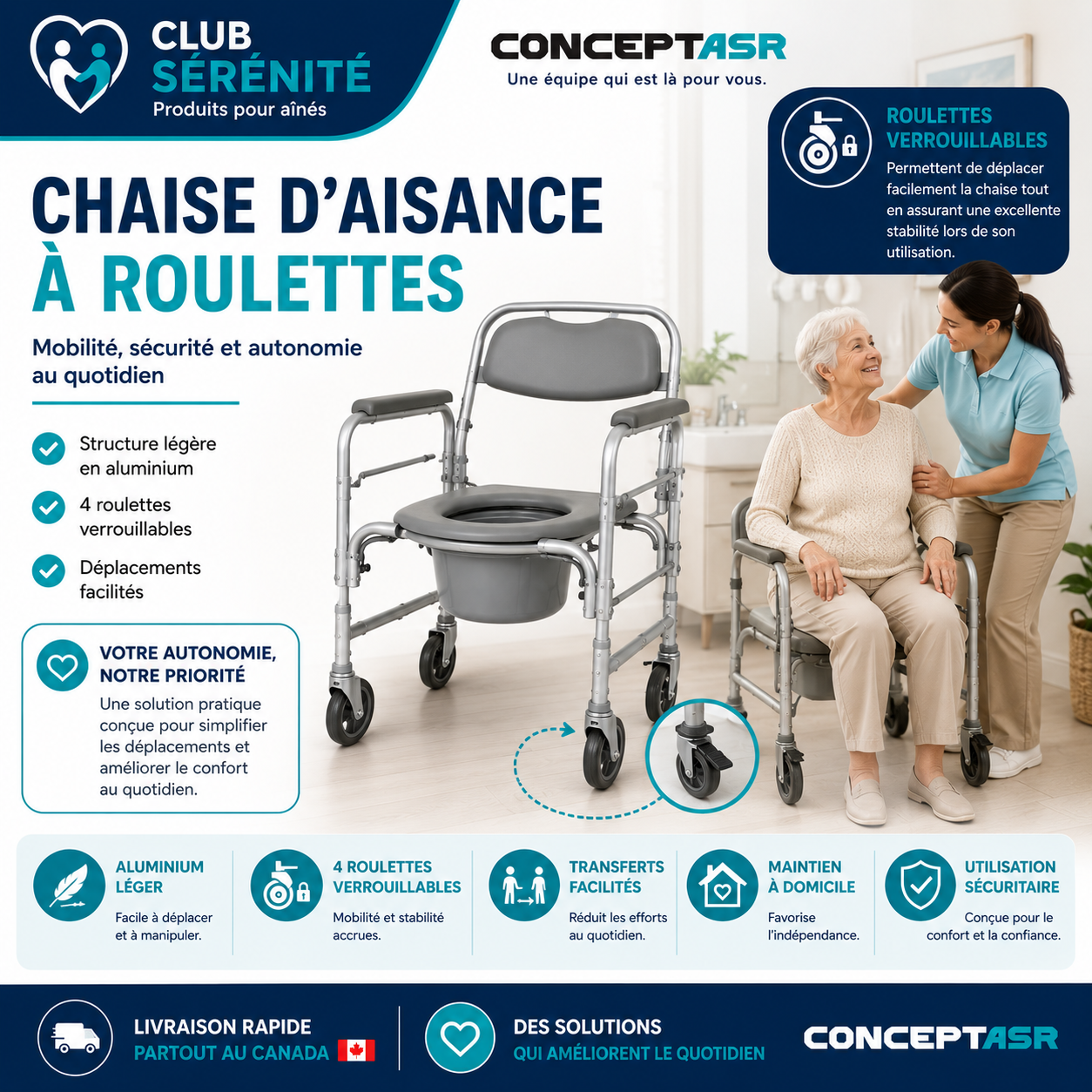Chaise d'aisance à roulettes Medline | Aluminium léger