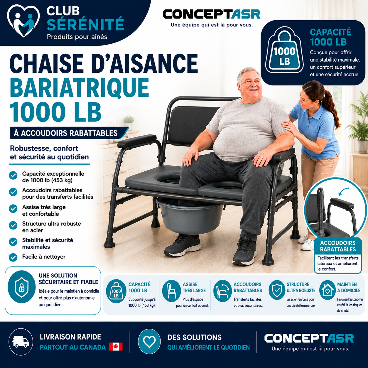 Chaise d'aisance bariatrique 1000 lb | Accoudoirs rabattables