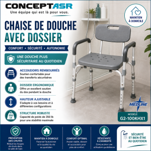 Chaise de douche avec accoudoirs et dossier Medline | Club Sérénité