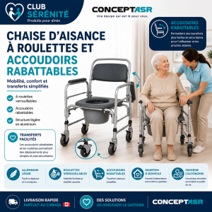 Chaise d'aisance à roulettes avec accoudoirs rabattables | Club Sérénité
