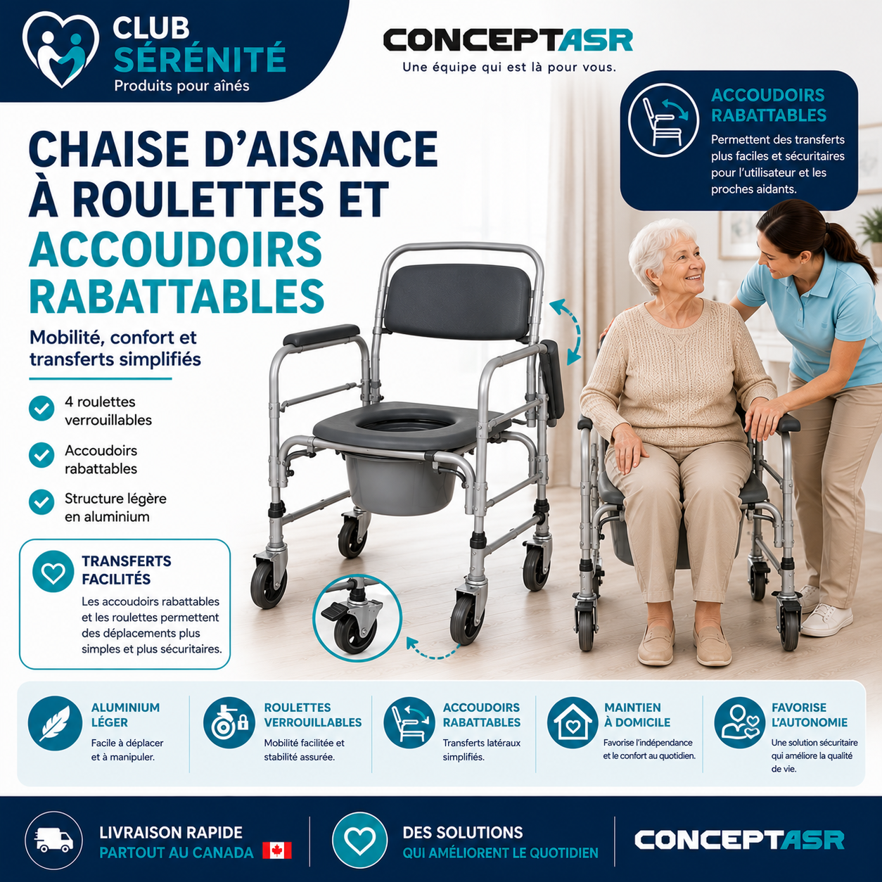 Chaise d'aisance à roulettes avec accoudoirs rabattables | Club Sérénité