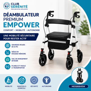 Déambulateur premium blanc avec siège Medline Empower | Club Sérénité