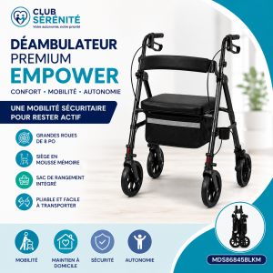 Déambulateur premium avec siège Medline Empower noir | Club Sérénité