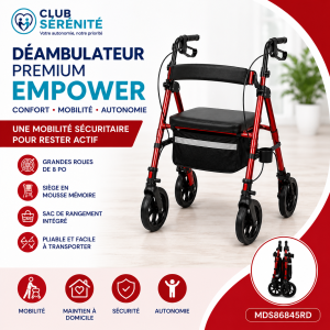 Déambulateur premium rouge avec siège Medline Empower | Club Sérénité